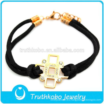 Venta caliente de oro brazaletes cruzados cristales colgantes Duoble pulsera de eslabones de cuerda negra para hombre joyería simple